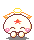 Pixel art character with white body, pink cheeks, orange-and-white striped ears, and yellow halo; four variations show different expressions and poses.