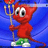 Red cartoon devil with large eyes, green pants, white shoes holding a trident against blue background; red text 'IM EEEVILL' on black side.