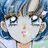 Pixelated close-up of an anime-style character with large blue eyes, light skin, and brown hair against a blue background.