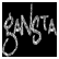 Two side-by-side animated frames of a black-and-white buddy icon with stylized text on a transparent background.