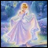 A woman in a flowing light purple gown with white accents stands in a dreamy, pastel-colored landscape holding her dress's fabric.