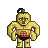 Pixelated character with golden-yellow skin, brown facial features, and a black topknot, standing with hands on hips against a gray background.
