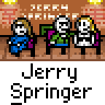 Animated contact sheet of 16 frames showing a pixel art Jerry Springer-themed buddy icon with repeated character poses and text, featuring brown brick background, purple chairs, and gray transparency bars.