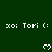 Dark green background with repeated white text 'xoi: Tori (' and pixelated heart symbols in a pattern