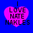 Four identical pink heart-shaped icons with black text on a blue background, each displaying 'I LOVE NATE NAKLES' in pixelated font.