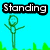Pixelated green stick figure with circular head in three poses: standing with arms outstretched, walking with one leg forward, and celebrating with arms raised under text labels.