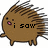 Brown spiky cartoon character with pink mouth and black eyes, displaying text across its body in four separate frames.