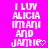 Pixelated text on bright pink background reads 'I LUV ALICIA IMANI AND JAMIE' with a heart symbol replacing the final letter of Jamie.
