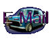 Animated sequence of a blue car icon with changing text overlays and red vertical bars, set against a gray background.