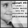 Black-and-white pixelated image of a person's face with text overlay reading 'secret #6: When I think about you my thoughts go backwards' in a retro digital font.