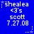 Blue background with white pixelated text and star symbols arranged in a pattern, showing repeated elements including 'shealea', '<3's', 'scott', and '7.27.08'