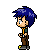 Pixel art contact sheet showing six frames of a blue-haired character in various poses and running animations against a gray background.