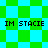 Pixelated green and cyan checkered background with "IM STACIE" text in four positions, two static and two animated diamond-shaped patterns.