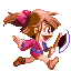 Pixel art character with brown hair in pigtails tied by pink bows, wearing a red and blue outfit while holding an axe-like weapon across four animated poses.