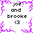 Pixelated icon with purple jagged border, black text 'joe and brooke <3', and central purple starburst animation.