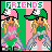 Pixel art of two figures with long blonde hair wearing green and white caps, pink tops, gray pants, and sneakers under a 'FRIENDS' banner.
