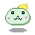 Pixelated green character with yellow flame on head, pink cheeks, blue eyes, and black mouth expression above white speech bubbles.
