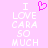 Pixelated text on a pink background with a heart symbol above the words "I LOVE CARA SO MUCH" in white block letters.