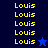 Yellow text 'Louis' repeated on blue backgrounds with two star icons, one light blue and one dark blue.