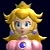Pixelated character with blonde hair, blue eyes, pink dress, and purple gem on chest against dark background.
