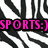 Pixelated icon with bold pink text 'SPORTS:)' on black background, overlaid on abstract black-and-white striped pattern.