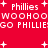 Red background with white pixelated text repeating 'Phillies', 'WOOHOO', 'GO PHILLIE' and plus signs scattered throughout.
