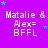 Purple background with white text reading "Matalie & Alex= BFFL" repeated in a , surrounded by small cyan and purple stars