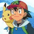 Pixelated image of a boy with brown hair wearing a red cap and blue jacket holding a yellow Pikachu on his shoulder against a light blue background.