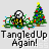 Animated contact sheet showing 12 frames of a pixel art icon featuring a stick figure tangled in Christmas lights next to a decorated tree with text "TangledUp Again!" and exclamation marks above the figure.