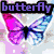 Pixelated butterfly icon with purple and blue wings, pink and white gradient background, and 'butterfly' text above.