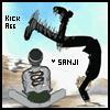 A pixelated image shows a person sitting with a tattoo on their back, while another figure performs a high kick against a light blue sky background.