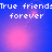 Pixelated text 'True friend!True friends forever' on blue-purple gradient background with pink light effects.