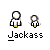 Animated contact sheet of a pixel art buddy icon showing sequential frame changes with repeated text "Jackass" below each figure pair, including one frame with speech bubble text "Get back here".