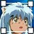 Pixelated anime-style character with light blue hair and glasses, smiling against a blue background with white grid lines.