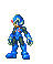 Pixel art character in blue armor with red accents, shown in multiple poses including standing, walking, and using a shield-like weapon.