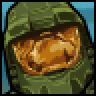 Static pixelated image of a green helmeted figure with an orange visor against a blue background.