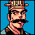 Pixel art portrait of a mustached character in military-style headgear with checkered shoulder details against a solid blue background.