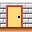 Pixel art contact sheet showing a character in blue clothing moving through doors across multiple frames with brick walls and yellow door panels.