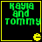 Four identical display green pixelated text 'KAYIA and TOMMY' on black background with yellow border, each containing a small yellow Pac-Man icon in bottom-right corner
