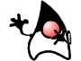 Animated cartoon character with black pointed hat, white curved body, and red circular nose in six sequential poses showing arm movements.