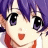 A 48x48 pixel buddy icon featuring a close-up of an anime-style character with purple hair and large black eyes on the left, paired with