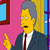 Pixelated yellow-skinned character with gray hair in dark suit, white shirt, and red tie against pink background with blue window frame.