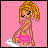 Pixelated doll with blonde hair in pink bikini top and skirt, seated on white object against pink background, showing multiple facial expressions and poses.