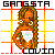 Pixelated static icon featuring a stylized character with long hair, surrounded by grid lines and text elements in black, red, yellow, and orange tones.