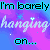 Pixelated text reads 'I'm barely hanging on...' over a purple and blue gradient background with small white stars.