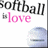 Pixelated image with 'softball' in black text, 'love' in pink text, and a light blue baseball glove on a white background.