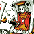 Pixelated character with white hair and red clothing holding a smoking pipe, standing against gray background.