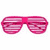 Four pairs of shutter-style sunglasses in pink, red, purple, and blue arranged in a two-by-two on a white background