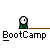 Pixelated cartoon character with white spherical head and green body stands on brown line, text "BootCamp" below.