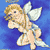 Pixelated angel figure with blonde hair, white wings, and a bow, set against a blue background.